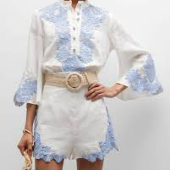 NWT - Zimmermann Raie Belted Appliquéd Lace-Trimmed Linen Shorts, Size 8 (US) - Picture 5 of 9